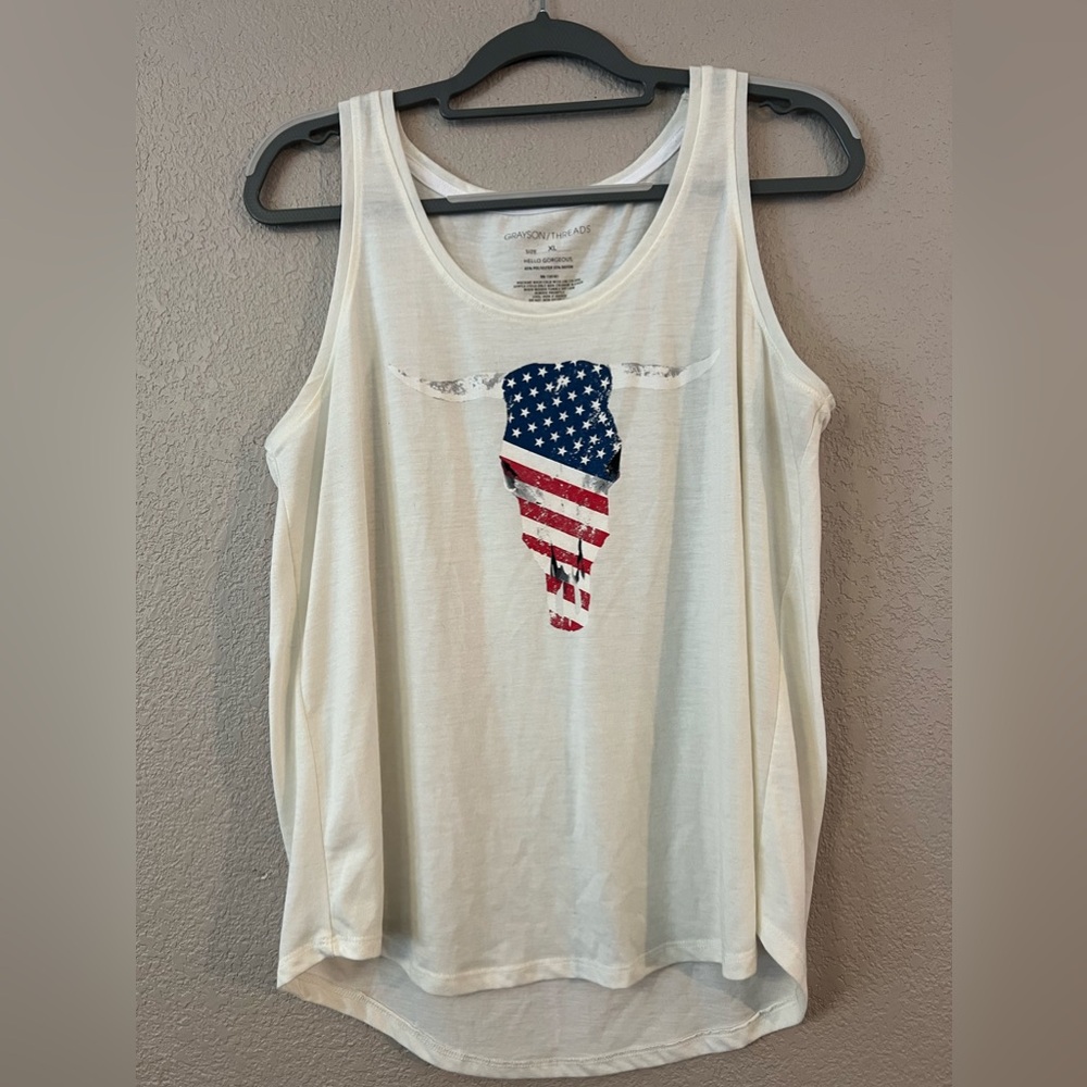 Women’s Grayson Threads Tank Top Tunic Ivory Patriotic Flag Bull Skull size XL